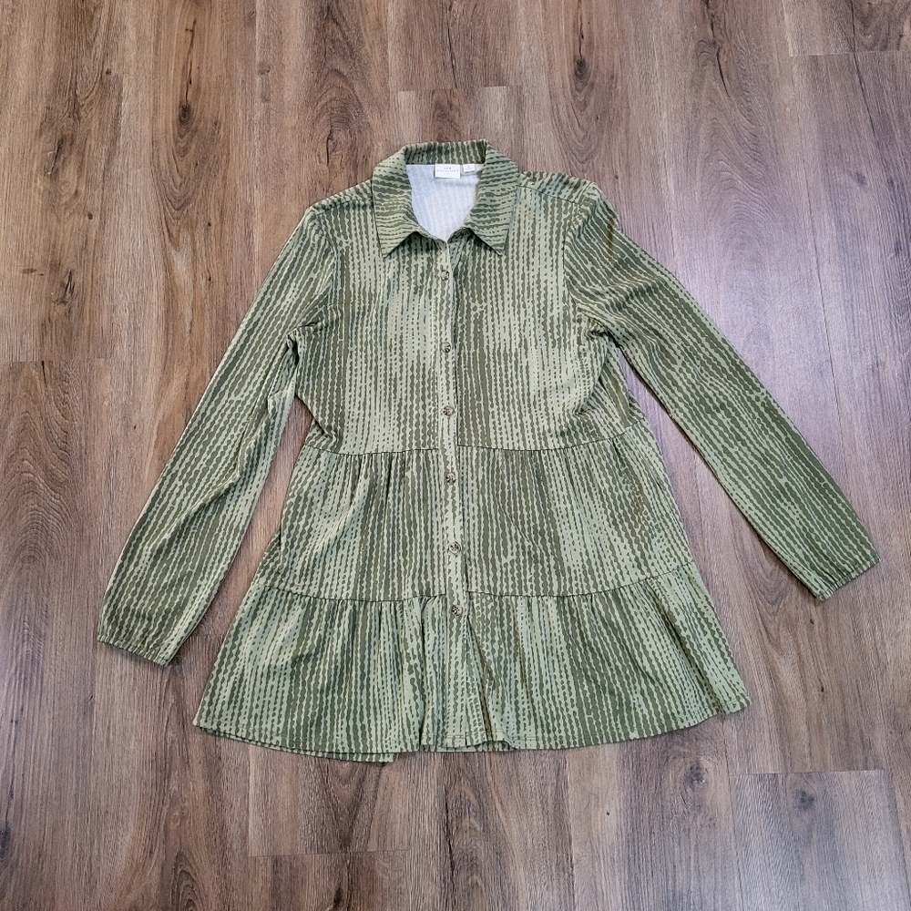 New Directions Womens Ruffle Swing Button Up Tunic Long Puff Sleeve Green Small